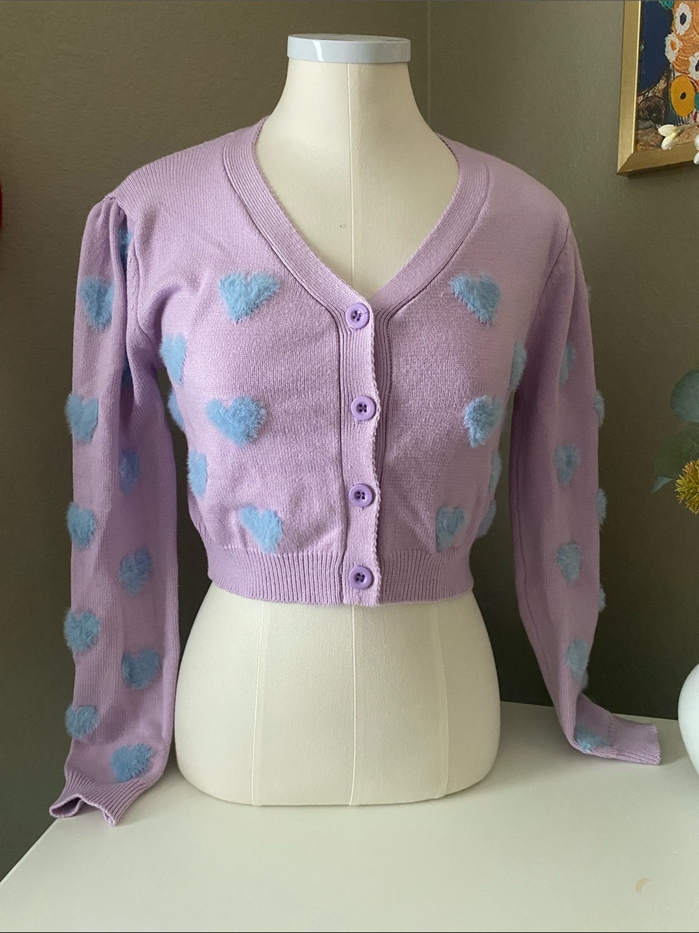 Lavender Cropped Heart Cardigan Sweater